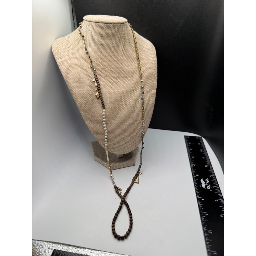 Stella & Dot Long Beaded Necklace Gold Tone Mixed Media Boho Geometric Charms